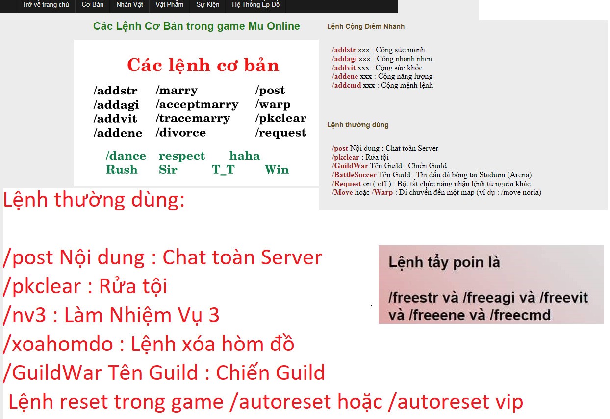 Lệnh Cộng Điểm MU Và Các lệnh cần biết khi chơi Game MU Online